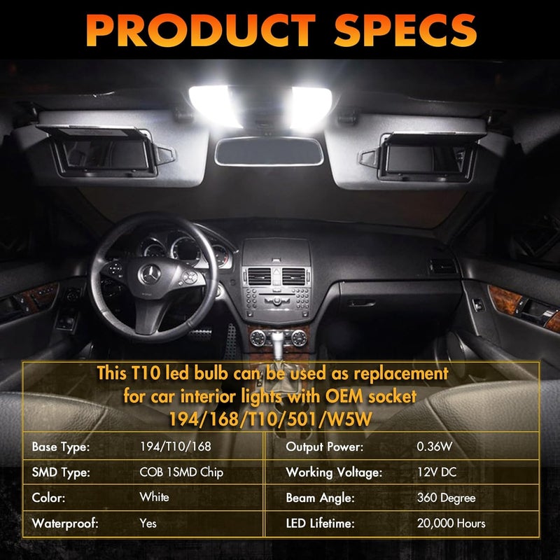 Alopee 30-Pack Mini 194 Led Light Bulb White Acrylic T10 Wedge Led Bulb DC 12V Replacement for 168 193 198 2825 W5W Car Instrument Panel Light License Plate Marker Lighting - Image 3